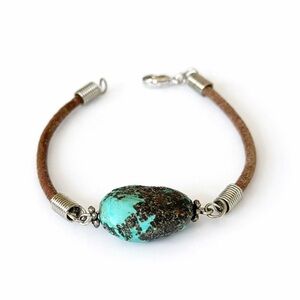Vintage Boho Turquoise Nugget Bracelet w/ Sterling Beads • Leather Western Style